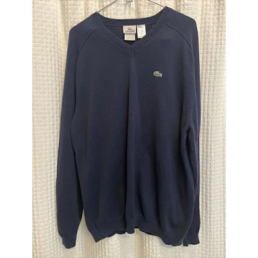 Lacoste Sweater Mens Sz 5 Large Navy Blue V-Neck Long Sleeve Pullover Cotton K4